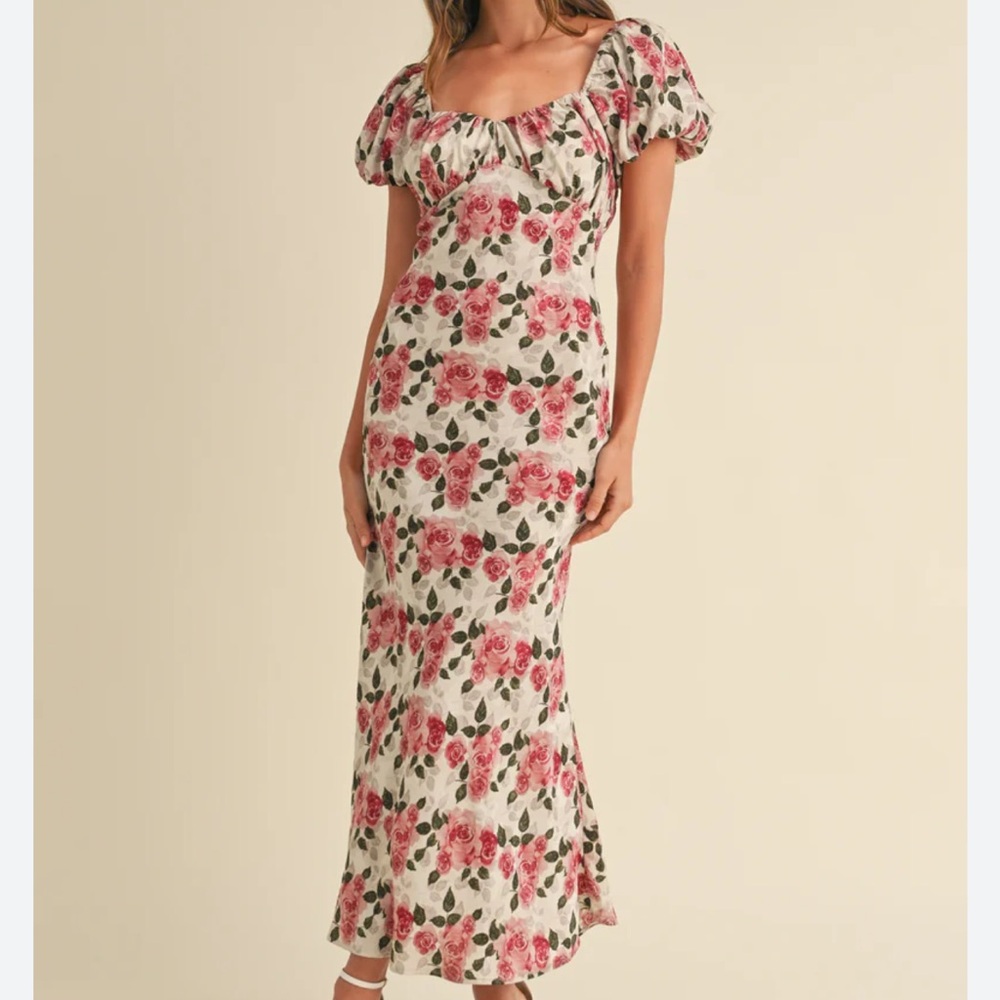 Floral Midi Dress with Pink Roses